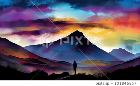 Generative AI, Silhouettes and Shadows: A Dramatic Mountain Sunset 101846857