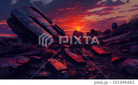 Generative AI, Layers of Light: A Vibrant Mountain Range at Sunset 101846861