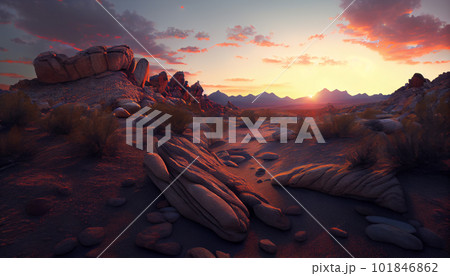 Generative AI, Layers of Light: A Vibrant Mountain Range at Sunset Generative AI, Layers of Light: A Vibrant Mountain Range at Sunset 101846862