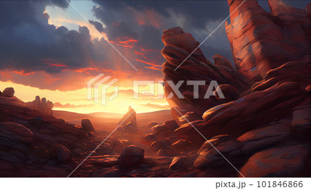 Generative AI, Layers of Light: A Vibrant Mountain Range at Sunset 101846866