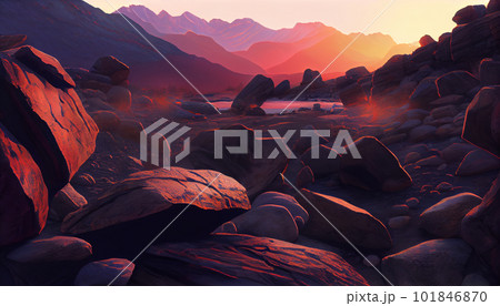 Generative AI, Layers of Light: A Vibrant Mountain Range at Sunset Generative AI, Layers of Light: A Vibrant Mountain Range at Sunset 101846870