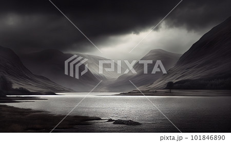 Generative AI, Moody Mountains: An Atmospheric Sunset Landscape Generative AI, Moody Mountains: An Atmospheric Sunset Landscape 101846890