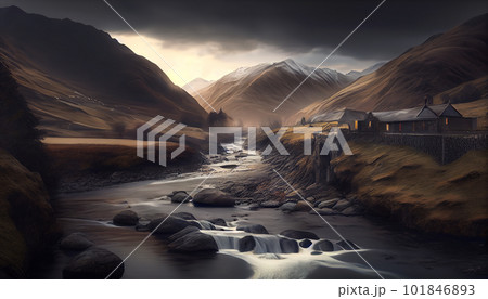 Generative AI, Moody Mountains: An Atmospheric Sunset Landscape Generative AI, Moody Mountains: An Atmospheric Sunset Landscape 101846893