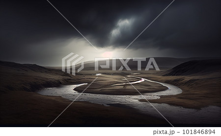 Generative AI, Moody Mountains: An Atmospheric Sunset Landscape 101846894