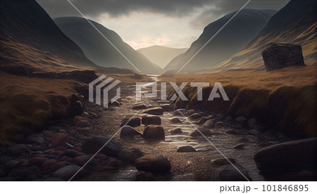 Generative AI, Moody Mountains: An Atmospheric Sunset Landscape Generative AI, Moody Mountains: An Atmospheric Sunset Landscape 101846895