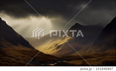 Generative AI, Moody Mountains: An Atmospheric Sunset Landscape Generative AI, Moody Mountains: An Atmospheric Sunset Landscape 101846897