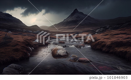 Generative AI, Moody Mountains: An Atmospheric Sunset Landscape Generative AI, Moody Mountains: An Atmospheric Sunset Landscape 101846903