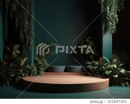 Cosmetics product advertising stand. Exhibition wooden podium on green background with leaves and shadows. Empty pedestal to display product packaging. Mockup. Generative AI. Cosmetics product advertising stand. Exhibition wooden podium on green background with leaves and shadows. Empty pedestal to display product packaging. Mockup. Generative AI. 101847263