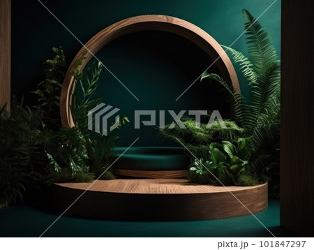 Cosmetics product advertising stand. Exhibition wooden podium on green background with leaves and shadows. Empty pedestal to display product packaging. Mockup. Generative AI. 101847297