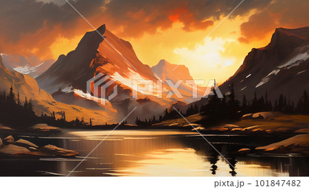 Generative AI, Sunset Spectrum: A Mountain Range Transitioning into Night 101847482