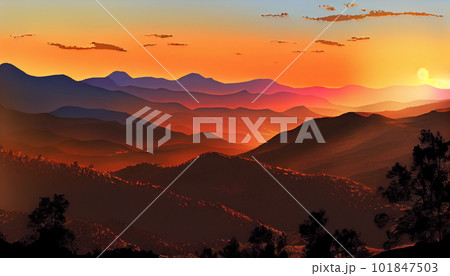 Generative AI, Sunset Spectrum: A Mountain Range Transitioning into Night 101847503