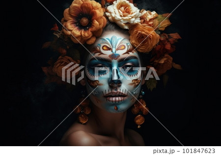 Portrait of a woman with sugar skull makeup over dark background. Halloween costume and make-up. Portrait of Calavera Catrina. Generative AI. Portrait of a woman with sugar skull makeup over dark background. Halloween costume and make-up. Portrait of Calavera Catrina. Generative AI. 101847623