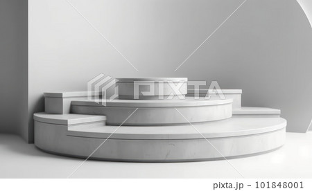 Elegant abstract set of white podiums in sunlight with shadow on white background for product display. Simple modern geometric design. Generative AI. 101848001