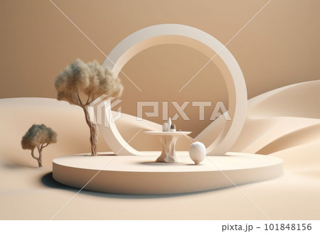 Podium on sand background. Display with sunshade and shadow on the background for cosmetic perfume fashion natural product. Generative AI. Podium on sand background. Display with sunshade and shadow on the background for cosmetic perfume fashion natural product. Generative AI. 101848156