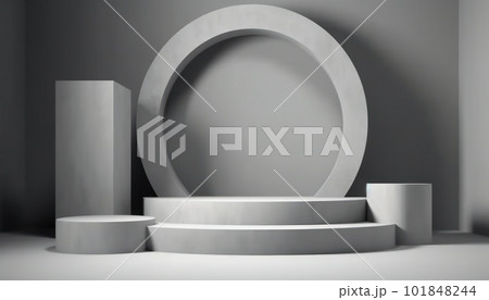 Elegant abstract set of white podiums in sunlight with shadow on white background for product display. Simple modern geometric design. Generative AI. Elegant abstract set of white podiums in sunlight with shadow on white background for product display. Simple modern geometric design. Generative AI. 101848244