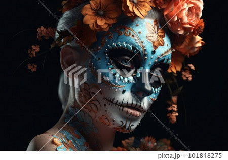 Portrait of a woman with sugar skull makeup over dark background. Halloween costume and make-up. Portrait of Calavera Catrina. Generative AI. 101848275