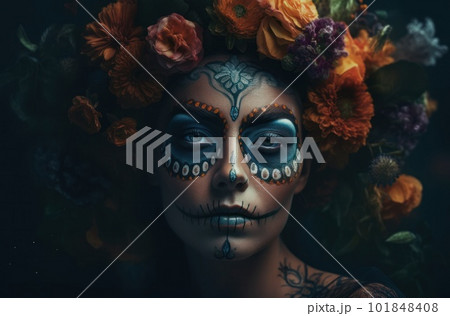 Portrait of a woman with sugar skull makeup over dark background. Halloween costume and make-up. Portrait of Calavera Catrina. Generative AI. 101848408