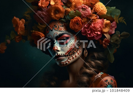 Portrait of a woman with sugar skull makeup over dark background. Halloween costume and make-up. Portrait of Calavera Catrina. Generative AI. Portrait of a woman with sugar skull makeup over dark background. Halloween costume and make-up. Portrait of Calavera Catrina. Generative AI. 101848409