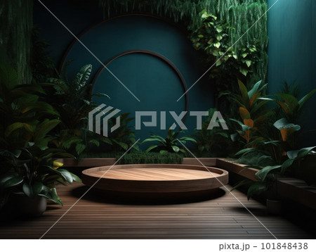 Cosmetics product advertising stand. Exhibition wooden podium on green background with leaves and shadows. Empty pedestal to display product packaging. Mockup. Generative AI. 101848438