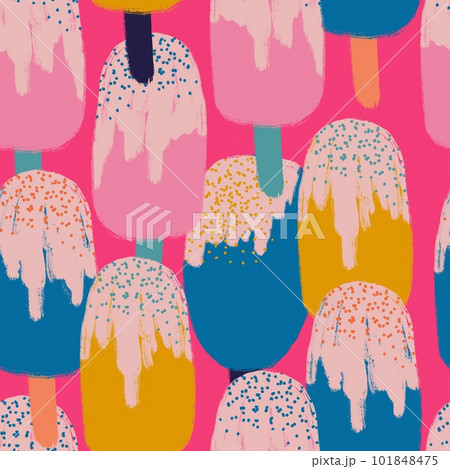 Hand drawn seamless pattern with ice cream popsicle sweet food. Pink yellow green on hot hyper pink background. Summer colorful print with frozen tasty dessert, doodle funny style, whte chocolate 101848475