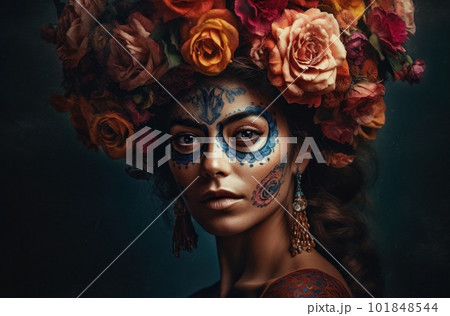 Portrait of a woman with sugar skull makeup over dark background. Halloween costume and make-up. Portrait of Calavera Catrina. Generative AI. 101848544
