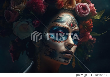 Portrait of a woman with sugar skull makeup over dark background. Halloween costume and make-up. Portrait of Calavera Catrina. Generative AI. 101848545