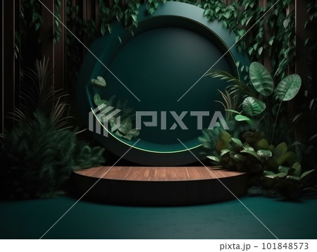 Cosmetics product advertising stand. Exhibition wooden podium on green background with leaves and shadows. Empty pedestal to display product packaging. Mockup. Generative AI. 101848573