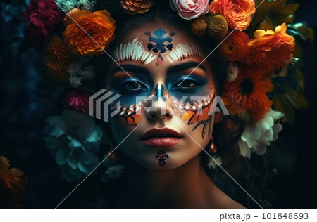 Portrait of a woman with sugar skull makeup over dark background. Halloween costume and make-up. Portrait of Calavera Catrina. Generative AI. Portrait of a woman with sugar skull makeup over dark background. Halloween costume and make-up. Portrait of Calavera Catrina. Generative AI. 101848693