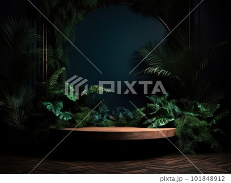 Cosmetics product advertising stand. Exhibition wooden podium on green background with leaves and shadows. Empty pedestal to display product packaging. Mockup. Generative AI. Cosmetics product advertising stand. Exhibition wooden podium on green background with leaves and shadows. Empty pedestal to display product packaging. Mockup. Generative AI. 101848912