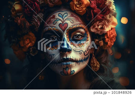 Portrait of a woman with sugar skull makeup over dark background. Halloween costume and make-up. Portrait of Calavera Catrina. Generative AI. Portrait of a woman with sugar skull makeup over dark background. Halloween costume and make-up. Portrait of Calavera Catrina. Generative AI. 101848926