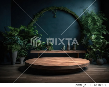Cosmetics product advertising stand. Exhibition wooden podium on green background with leaves and shadows. Empty pedestal to display product packaging. Mockup. Generative AI. 101848994
