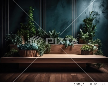 Cosmetics product advertising stand. Exhibition wooden podium on green background with leaves and shadows. Empty pedestal to display product packaging. Mockup. Generative AI. 101849057