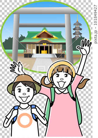 寺社仏閣を訪れる小学生の男女 101849427
