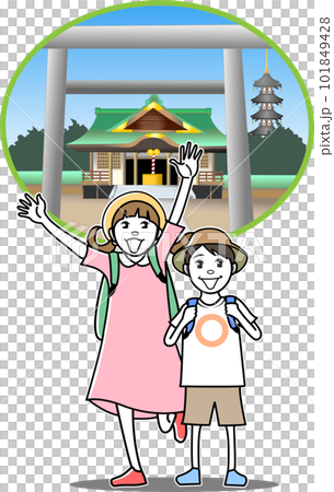 寺社仏閣を訪れる小学生の男女 101849428