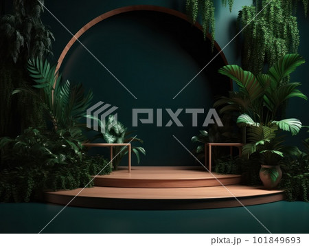 Cosmetics product advertising stand. Exhibition wooden podium on green background with leaves and shadows. Empty pedestal to display product packaging. Mockup. Generative AI. 101849693