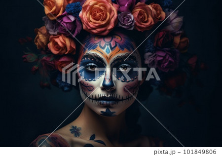 Portrait of a woman with sugar skull makeup over dark background. Halloween costume and make-up. Portrait of Calavera Catrina. Generative AI. Portrait of a woman with sugar skull makeup over dark background. Halloween costume and make-up. Portrait of Calavera Catrina. Generative AI. 101849806