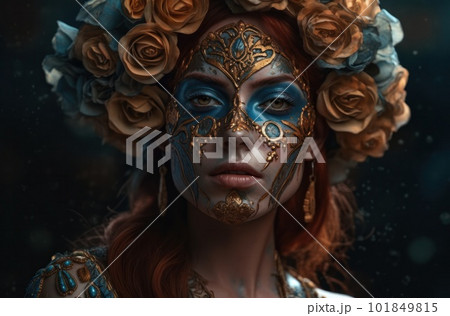 Portrait of a woman with sugar skull makeup over dark background. Halloween costume and make-up. Portrait of Calavera Catrina. Generative AI. 101849815