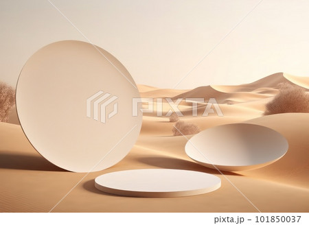 Podium on sand background. Display with sunshade and shadow on the background for cosmetic perfume fashion natural product. Generative AI. 101850037