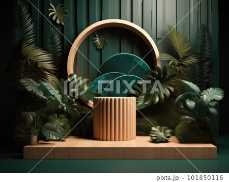 Cosmetics product advertising stand. Exhibition wooden podium on green background with leaves and shadows. Empty pedestal to display product packaging. Mockup. Generative AI. 101850116