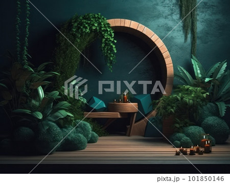 Cosmetics product advertising stand. Exhibition wooden podium on green background with leaves and shadows. Empty pedestal to display product packaging. Mockup. Generative AI. Cosmetics product advertising stand. Exhibition wooden podium on green background with leaves and shadows. Empty pedestal to display product packaging. Mockup. Generative AI. 101850146