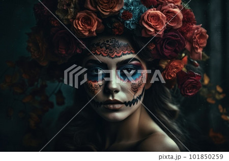 Portrait of a woman with sugar skull makeup over dark background. Halloween costume and make-up. Portrait of Calavera Catrina. Generative AI. 101850259