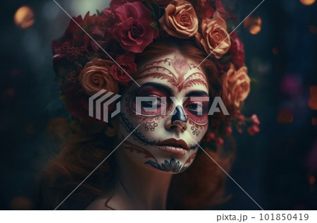 Portrait of a woman with sugar skull makeup over dark background. Halloween costume and make-up. Portrait of Calavera Catrina. Generative AI. Portrait of a woman with sugar skull makeup over dark background. Halloween costume and make-up. Portrait of Calavera Catrina. Generative AI. 101850419
