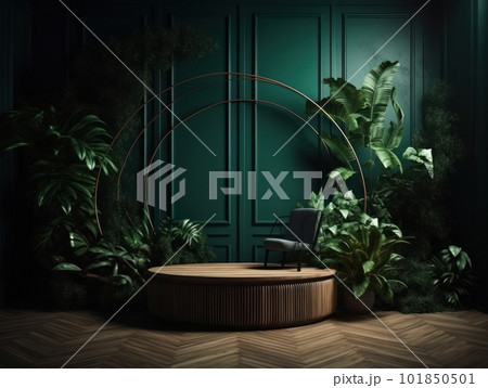 Cosmetics product advertising stand. Exhibition wooden podium on green background with leaves and shadows. Empty pedestal to display product packaging. Mockup. Generative AI. 101850501