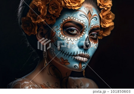 Portrait of a woman with sugar skull makeup over dark background. Halloween costume and make-up. Portrait of Calavera Catrina. Generative AI. 101850603
