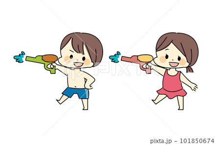水鉄砲で遊ぶ水着姿の男の子と女の子のイラスト 101850674