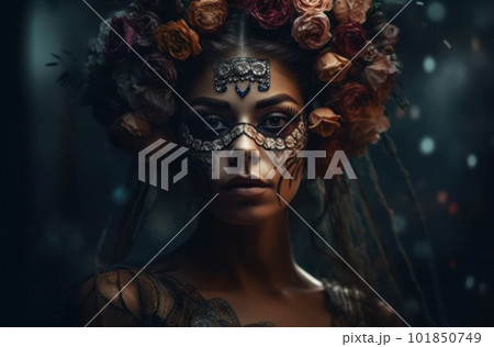 Portrait of a woman with sugar skull makeup over dark background. Halloween costume and make-up. Portrait of Calavera Catrina. Generative AI. Portrait of a woman with sugar skull makeup over dark background. Halloween costume and make-up. Portrait of Calavera Catrina. Generative AI. 101850749