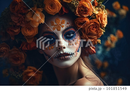 Portrait of a woman with sugar skull makeup over dark background. Halloween costume and make-up. Portrait of Calavera Catrina. Generative AI. Portrait of a woman with sugar skull makeup over dark background. Halloween costume and make-up. Portrait of Calavera Catrina. Generative AI. 101851549