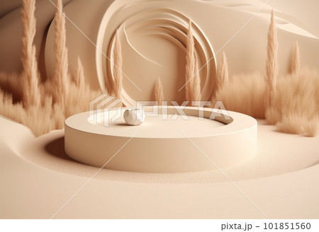 Podium on sand background. Display with sunshade and shadow on the background for cosmetic perfume fashion natural product. Generative AI. Podium on sand background. Display with sunshade and shadow on the background for cosmetic perfume fashion natural product. Generative AI. 101851560