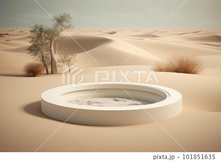 Podium on sand background. Display with sunshade and shadow on the background for cosmetic perfume fashion natural product. Generative AI. 101851635