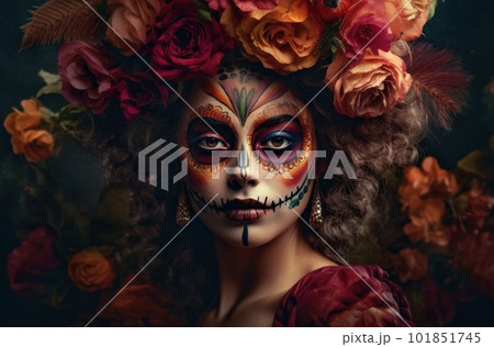 Portrait of a woman with sugar skull makeup over dark background. Halloween costume and make-up. Portrait of Calavera Catrina. Generative AI. Portrait of a woman with sugar skull makeup over dark background. Halloween costume and make-up. Portrait of Calavera Catrina. Generative AI. 101851745